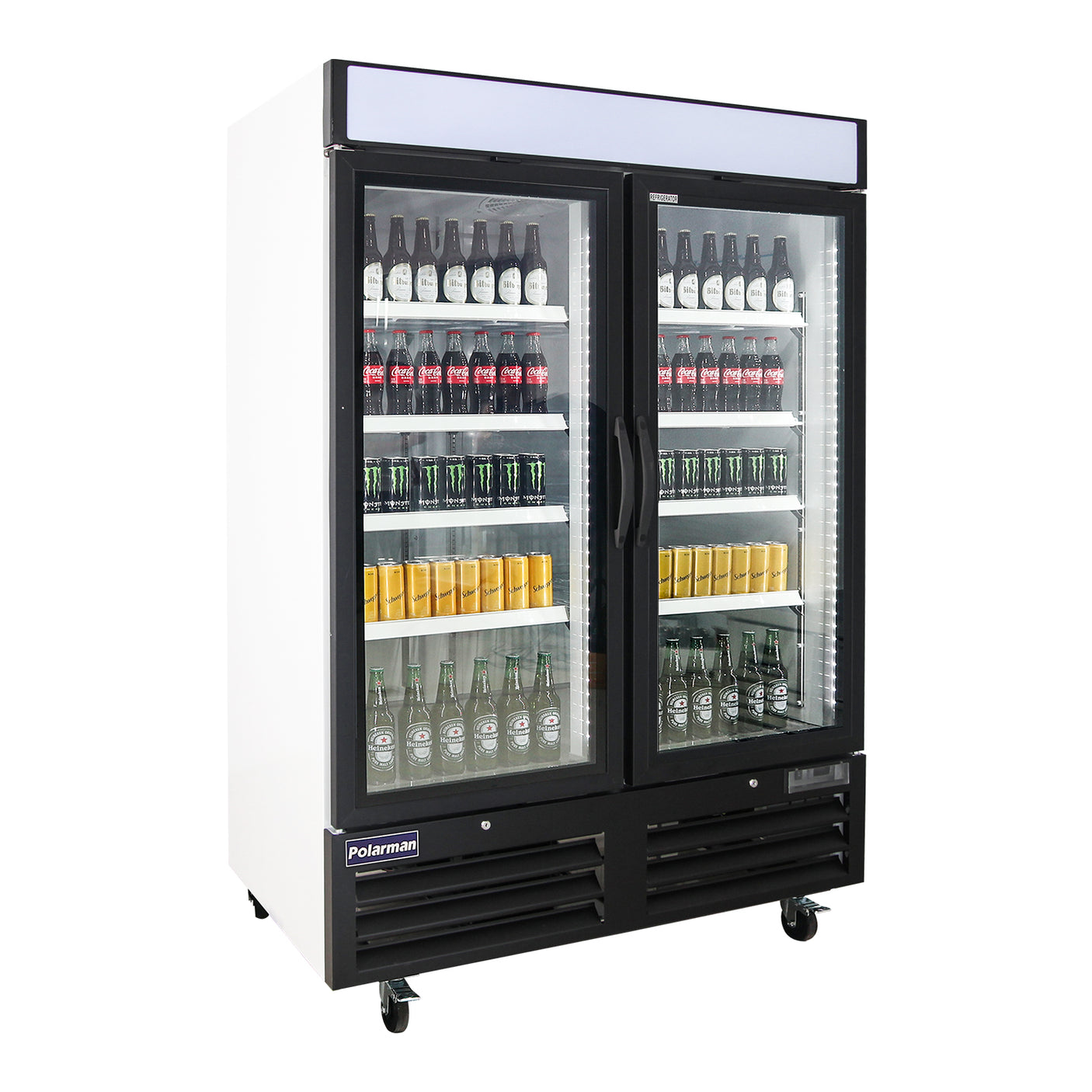 Polarman PLM-HGD48R 53 15/16" Black Refrigerated Double Swing Glass Door Merchandiser with LED Lighting, 48 cu.ft