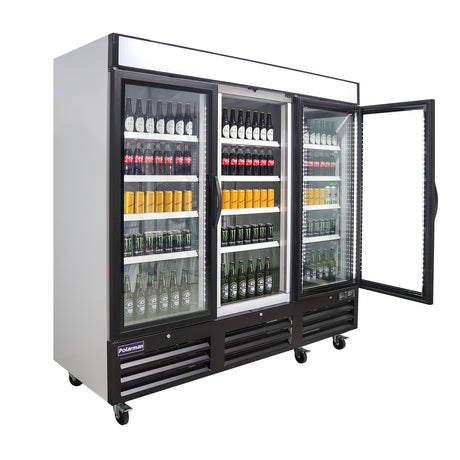 Polarman PLM-HGD72R 81" Black Refrigerated Triple Swing Glass Door Merchandiser with LED Lighting, 72 cu.ft