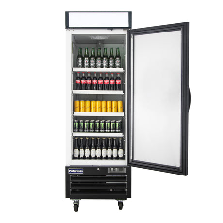 Polarman PLM-HGD23R 26 3/4" Black Refrigerated Single Swing Glass Door Merchandiser with LED Lighting, 23 cu.ft