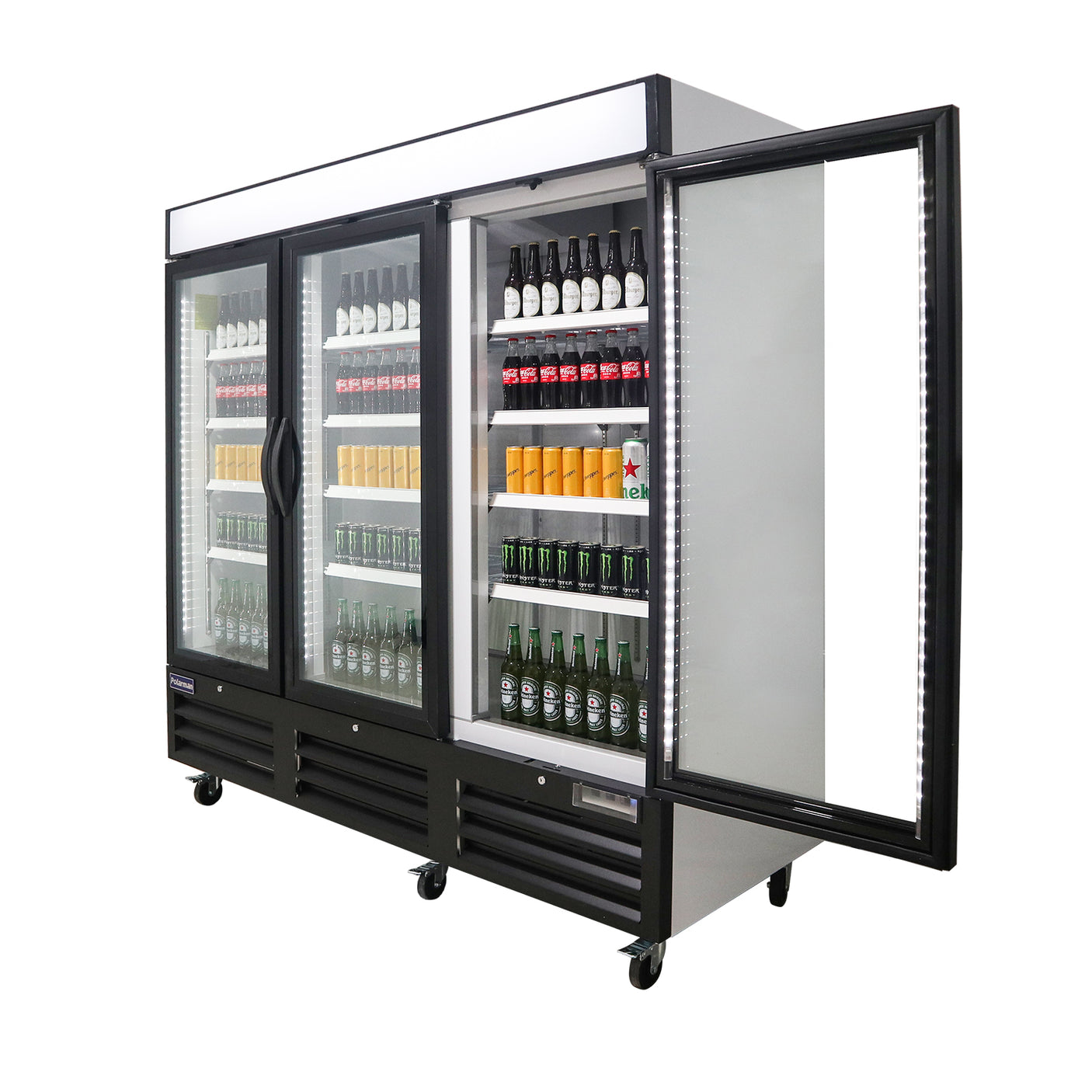 Polarman PLM-HGD72R 81" Black Refrigerated Triple Swing Glass Door Merchandiser with LED Lighting, 72 cu.ft