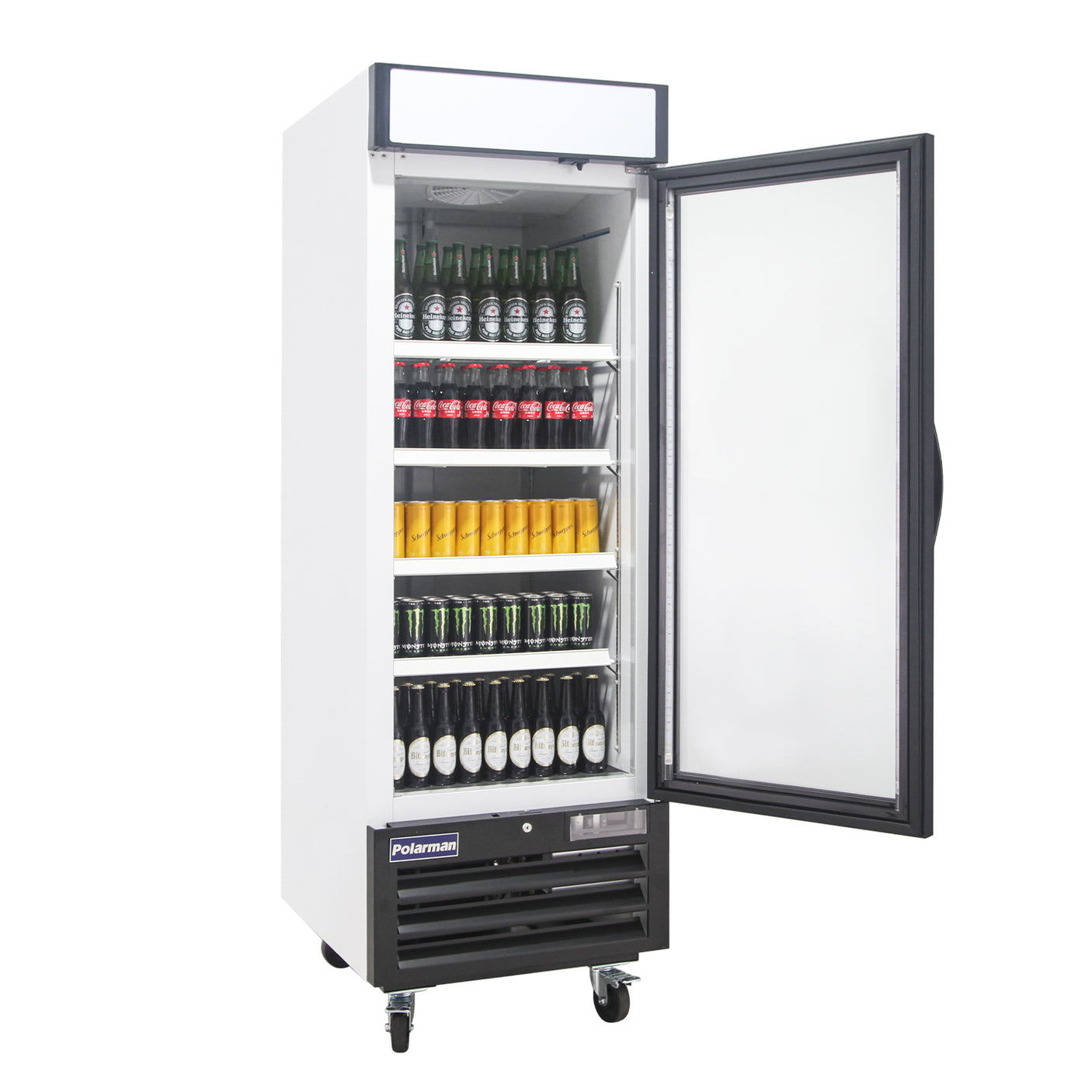 Polarman PLM-HGD23F 26 3/4" Black Single Swing Glass Door Merchandiser Freezer with LED Lighting, 23 cu.ft