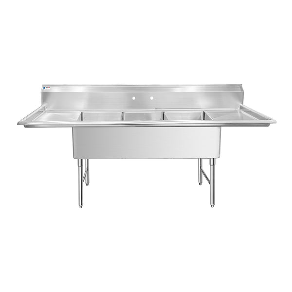 ChefAsst 91" 16-Gauge Stainless Steel Three Compartment Commercial Sink with Stainless Steel Legs, Cross Bracing, and Two 18" Drain Boards - 18" x 18" x 14" Bowl