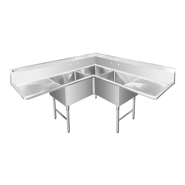 ChefAsst 75" 16-Gauge Stainless Steel Three Compartment Commercial Sink with Stainless Steel Legs, Cross Bracing, and Two 24" Drain Boards - 24" x 24" x 14" Bowl