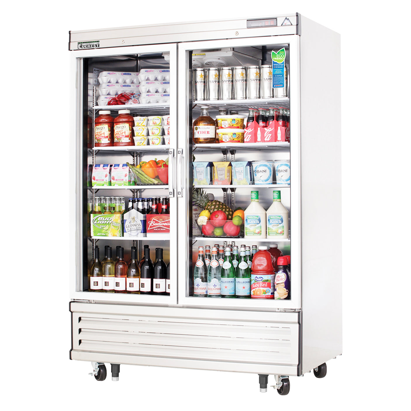 Everest EBGR2 54 1/8" Stainless Steel 50 cu. ft Reach-In Refrigerator, 2 Glass Full Doors, Bottom Mount