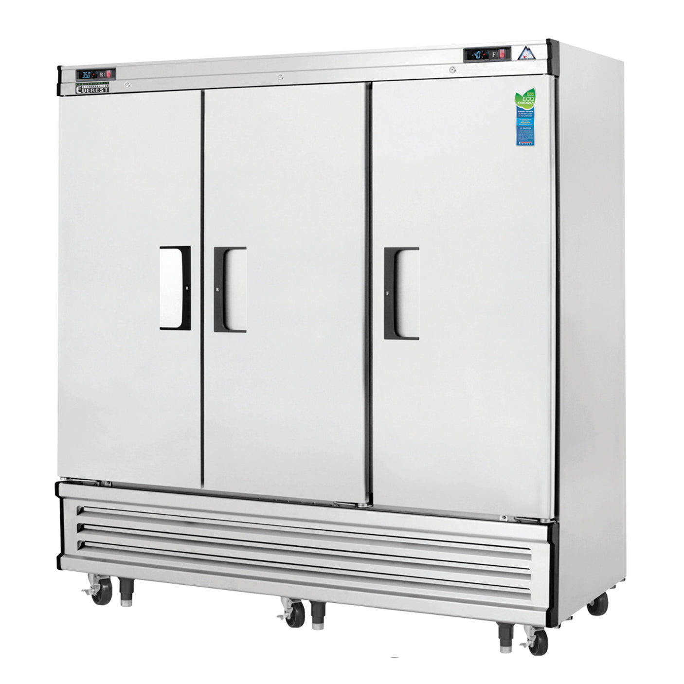 Everest EBRF3 74 3/4" Stainless Steel Reach-In Refrigerator/Freezer Combo, 3 Solid Full Doors, Bottom Mount