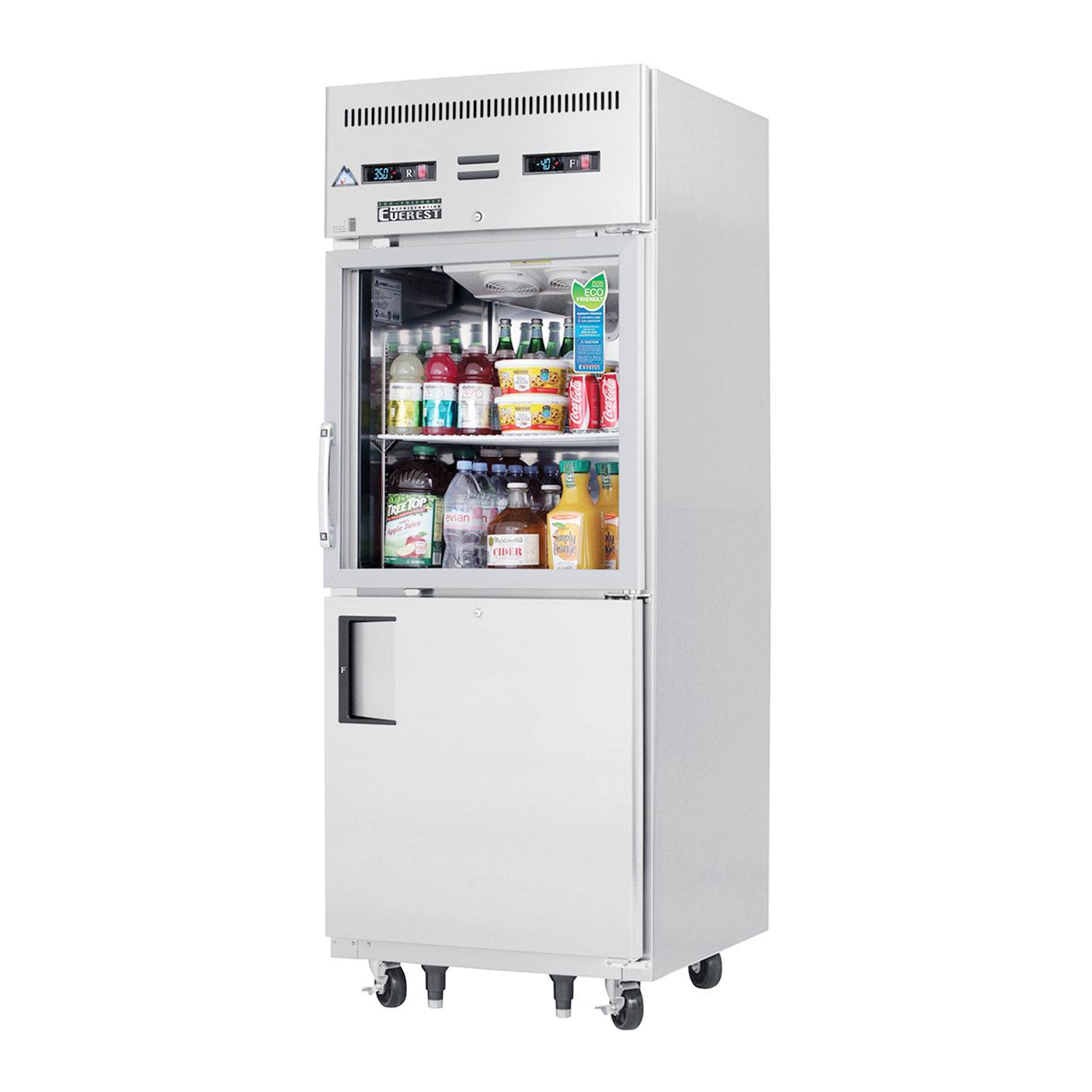 Everest EGSDH2 29 1/4" Stainless Steel Reach-In Refrigerator/Freezer Combo, 1 Glass & 1 Solid Half Door, Top Mount