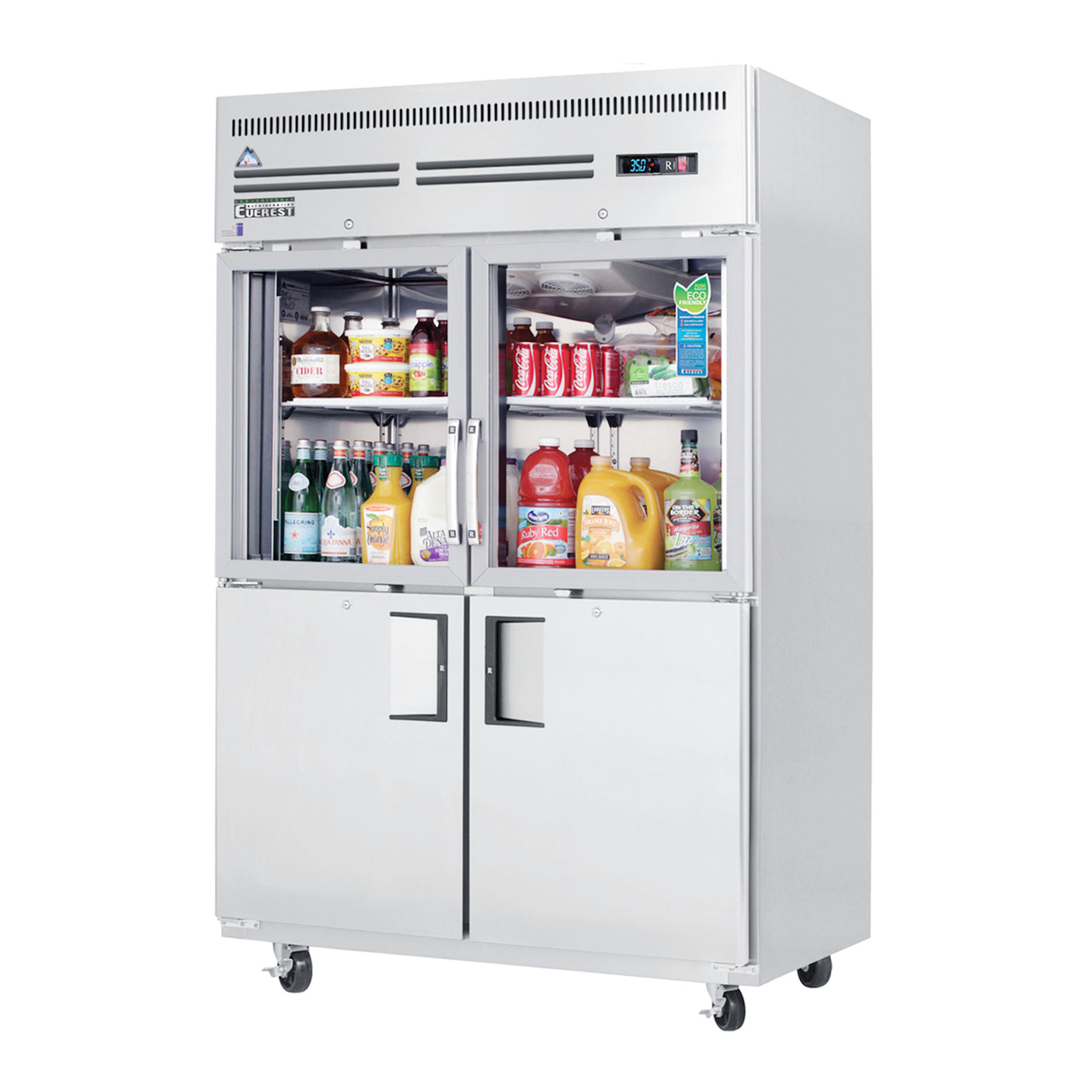 Everest EGSH4 49 5/8" Stainless Steel Reach-In Refrigerator, 2 Glass & 2 Solid Half Doors, Top Mount