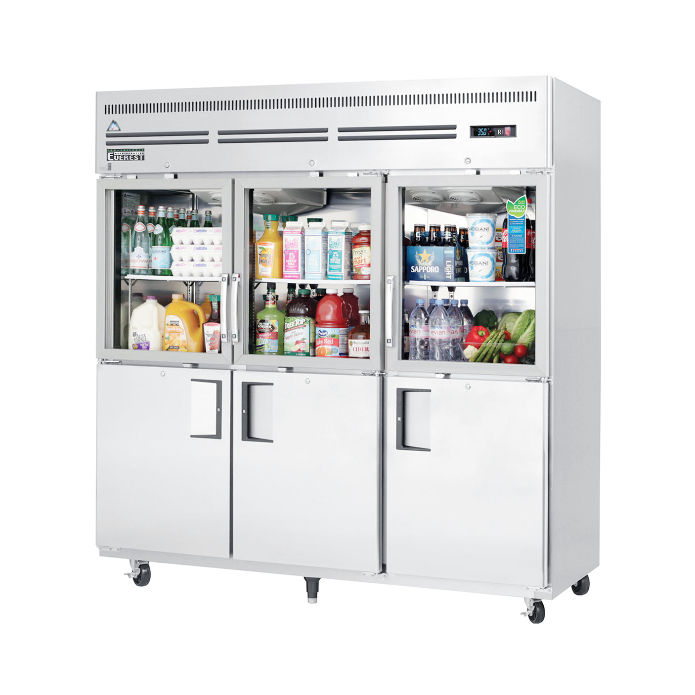 Everest EGSH6 74 3/4" Stainless Steel Reach-In Refrigerator, 3 Glass & 3 Solid Half Doors, Top Mount