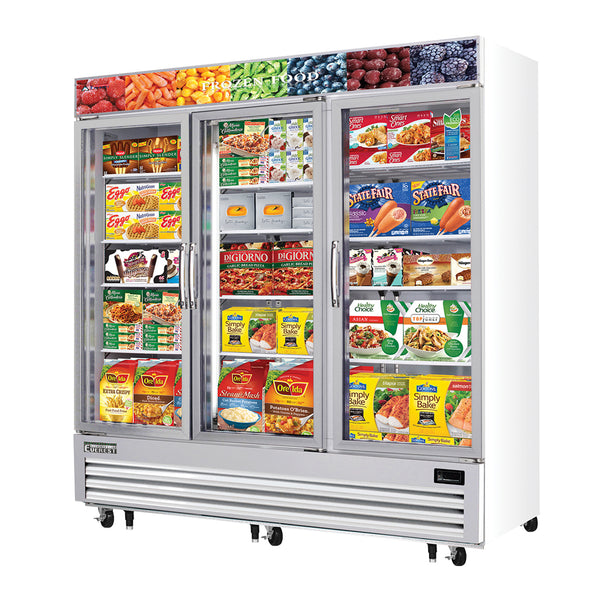 Everest EMGF69 74 3/4" Merchandiser Freezer 3 Glass Doors, White Exterior, 69 cu. ft.