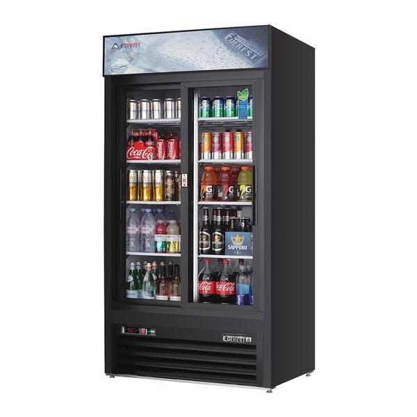 Everest EMGR33B 39 3/8" Merchandiser Refrigerator 2 Glass Doors, Black Exterior, 33 cu. ft.