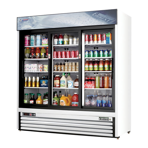 Everest EMGR69 72 7/8" Merchandiser Refrigerator 3 Glass Doors, White Exterior, 69 cu. ft.