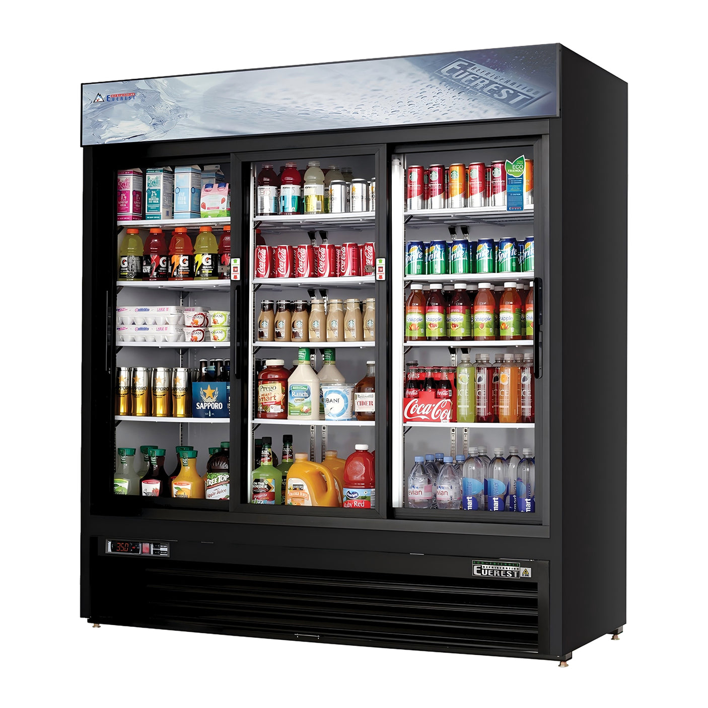 Everest EMGR69B 72 7/8" Black 69 cu. ft Merchandiser Refrigerator, 3 Glass Doors