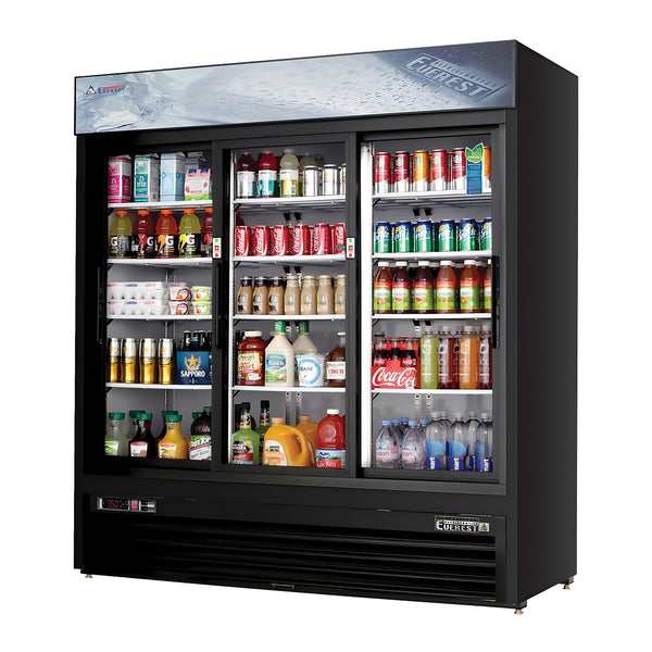 Everest EMGR69B 72 7/8" Merchandiser Refrigerator 3 Glass Doors, Black Exterior, 69 cu. ft.