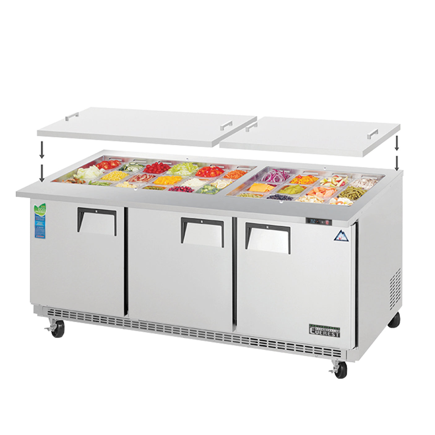 Everest EOTP3 71 1/8" Stainless Steel Open Top Prep Refrigerator, 3 Solid Doors