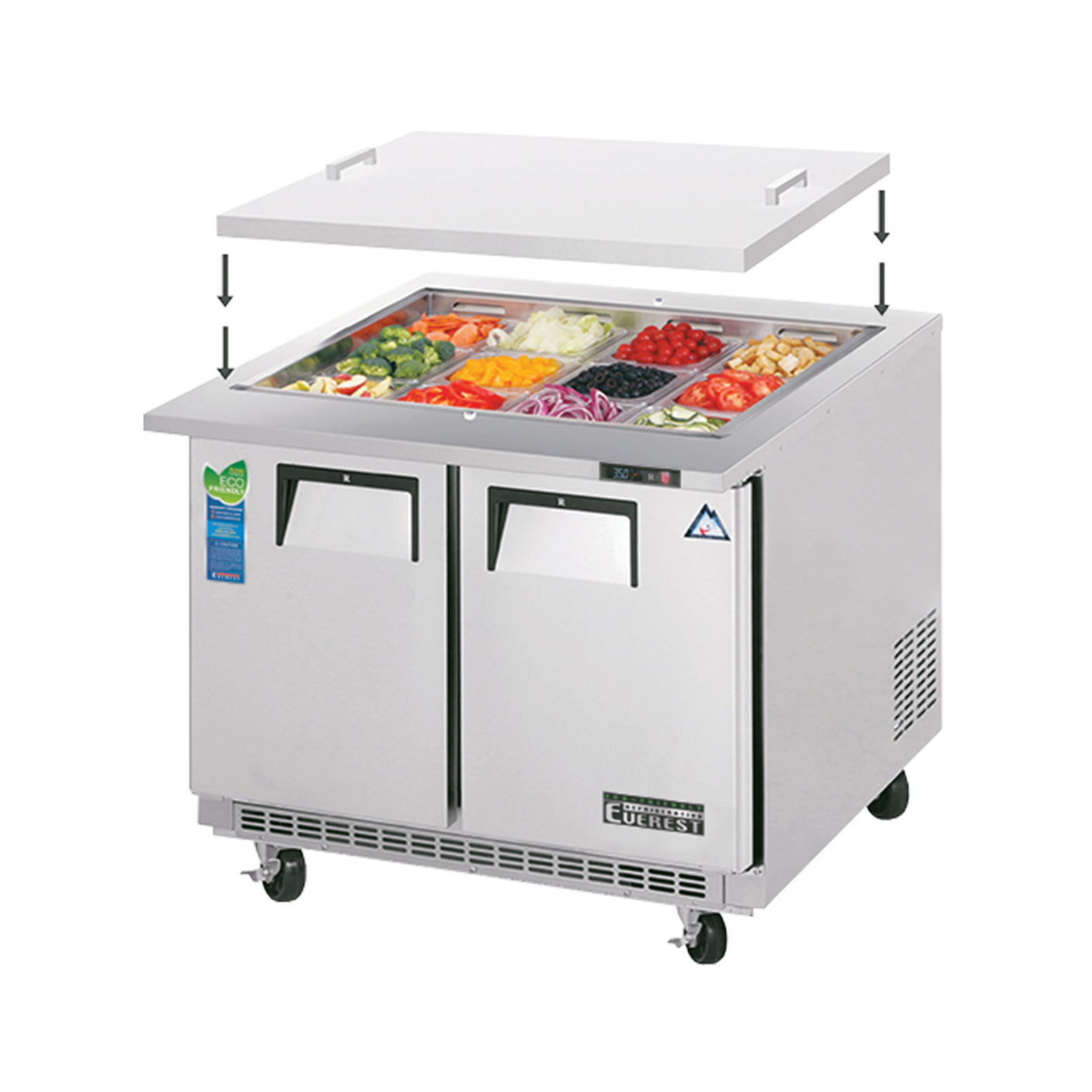 Everest EOTPS2 35 5/8" Stainless Steel Open Top Prep Refrigerator, 2 Solid Doors