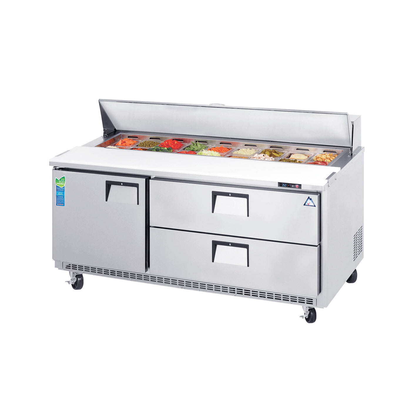 Everest EPBNR3-D2 71 1/8" Stainless Steel Refrigerated Sandwich Salad Prep Table, 1 Solid Door & 2 Drawers