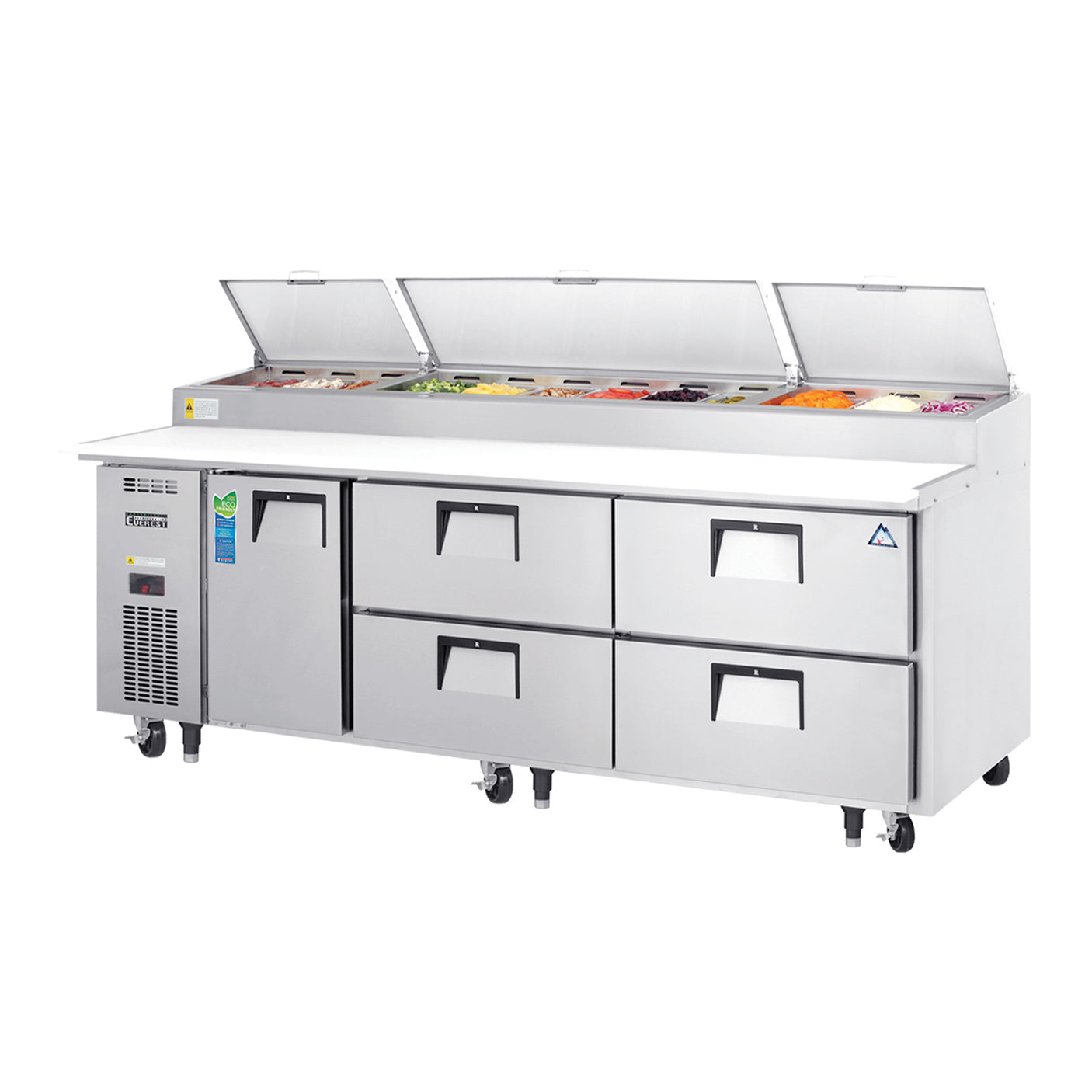 Everest EPPR3-D4 93 1/8" Stainless Steel Pizza Prep Table Refrigerator, 1 Solid Door & 4 Drawers