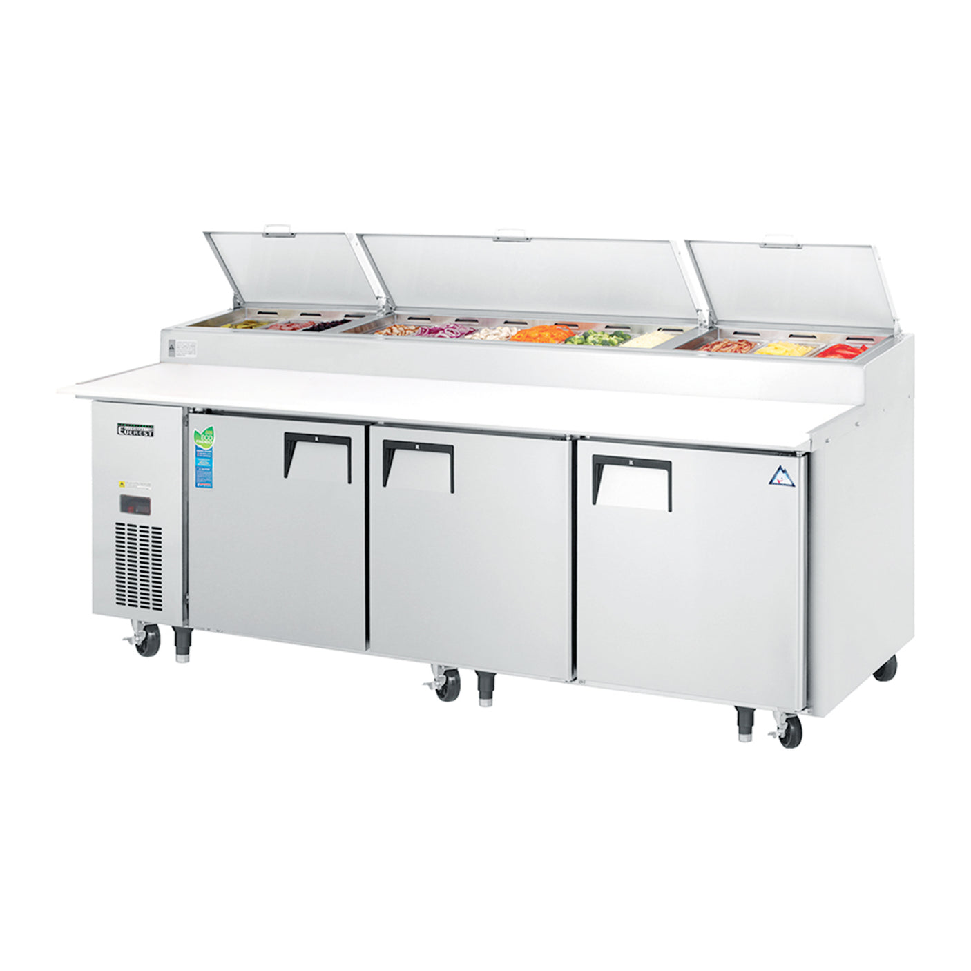 Everest EPPR3 93 1/8" Stainless Steel Pizza Prep Table Refrigerator, 3 Solid Doors
