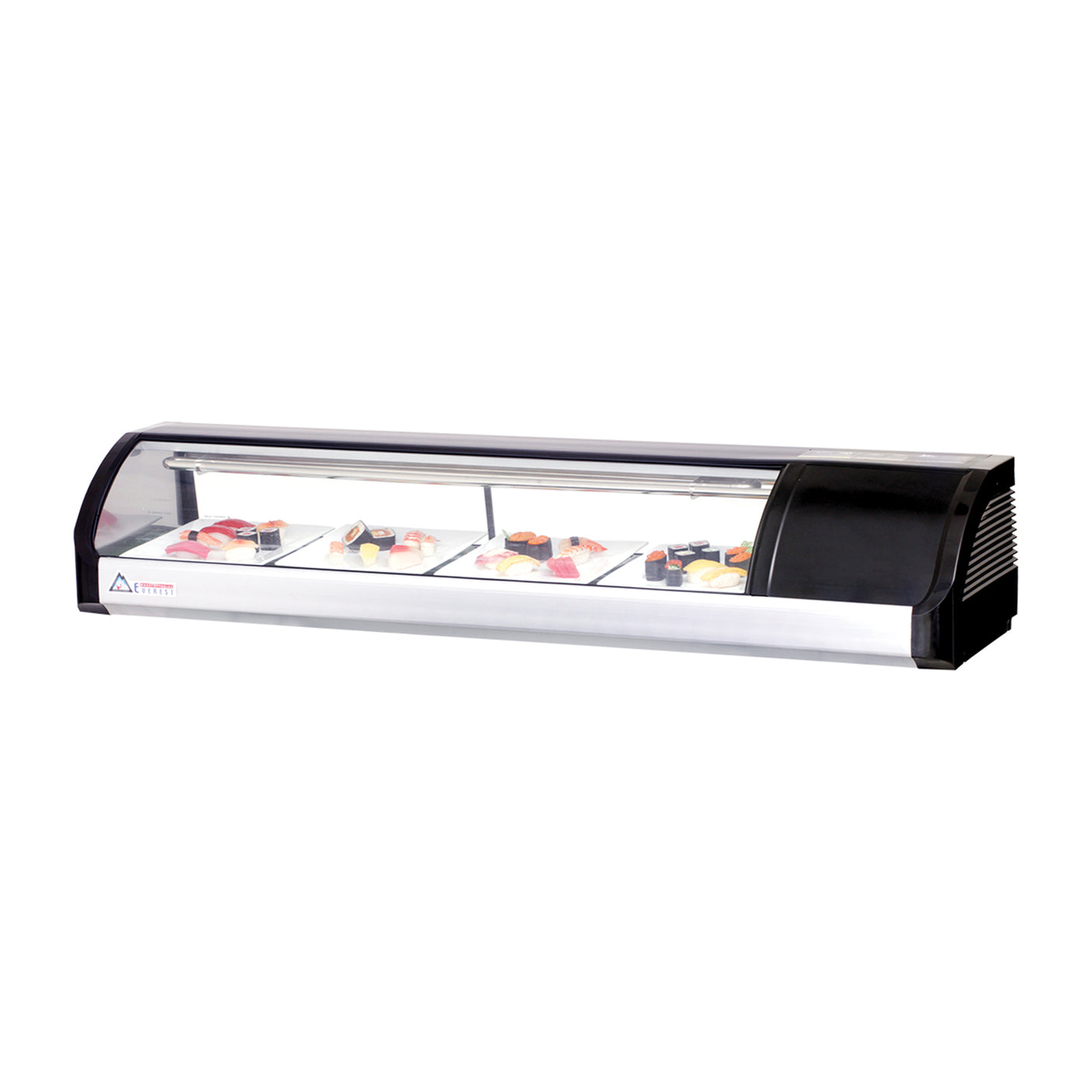 Everest ESC59R 59" Black Refrigerated Curved Glass Sushi Display Case, Right Mounted, 4 Doors - 4 Pan Capacity
