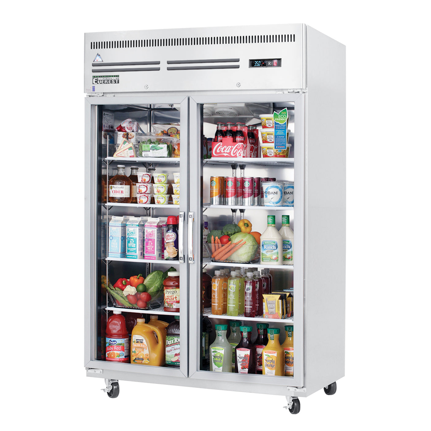 Everest ESGR2 49 5/8" Stainless Steel 48 cu. ft Reach-In Refrigerator, 2 Glass Full Doors, Top Mount