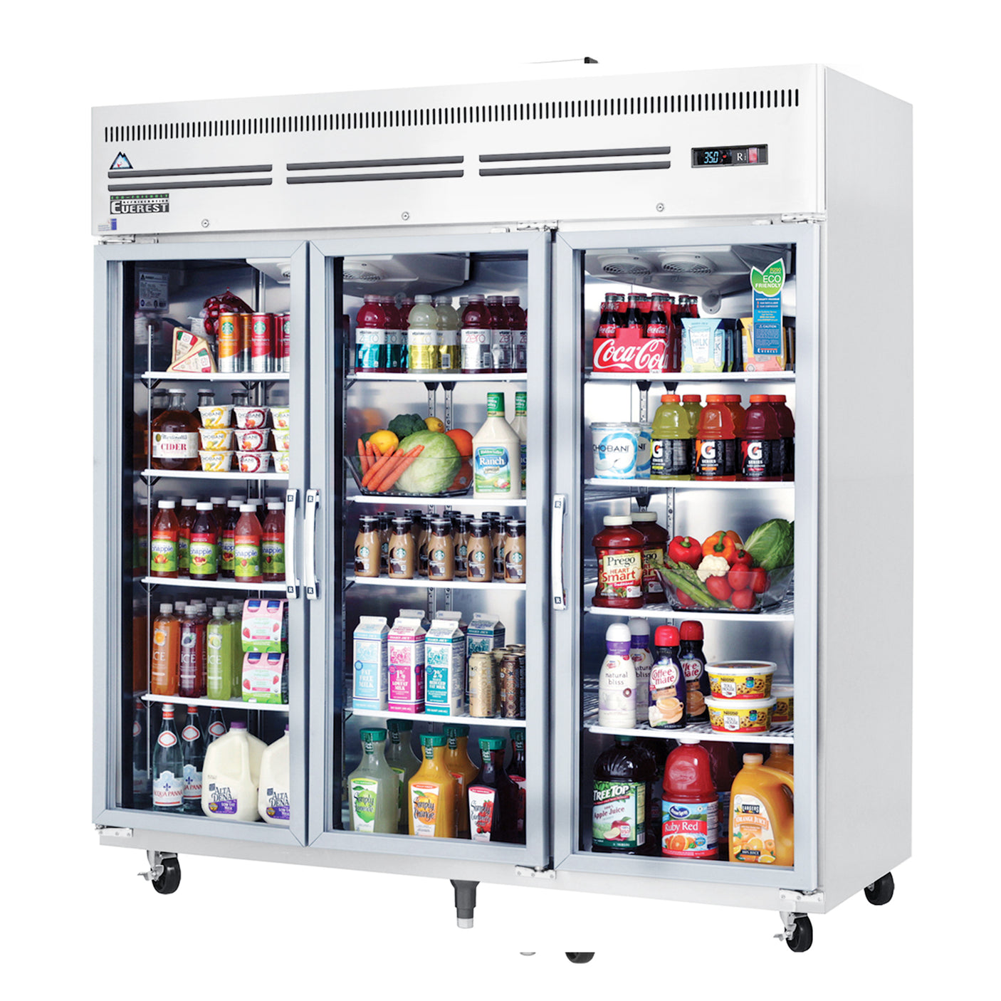 Everest ESGR3A 74 3/4" Stainless Steel 71 cu. ft Reach-In Refrigerator, 3 Glass Full Doors, Top Mount