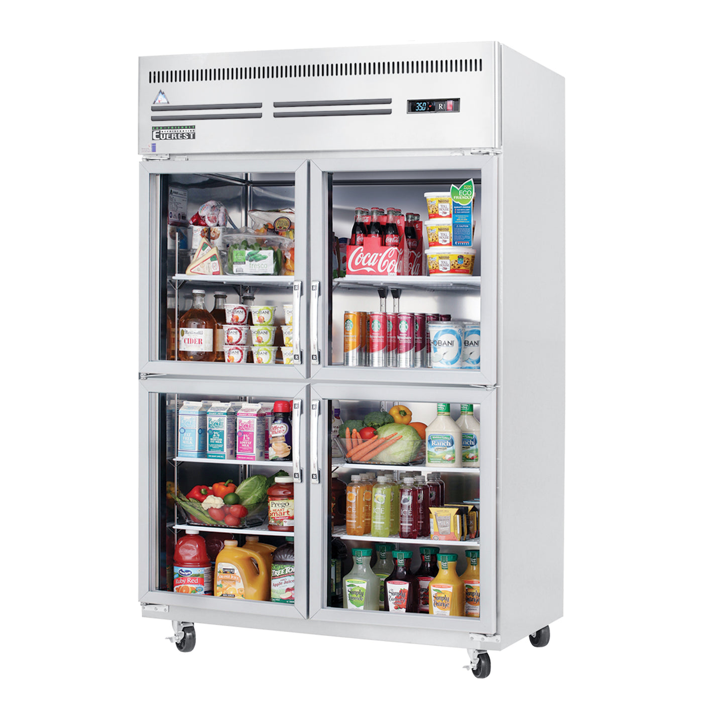 Everest ESGRH4 49 5/8" Stainless Steel 48 cu. ft Reach-In Refrigerator, 4 Glass Half Doors, Top Mount