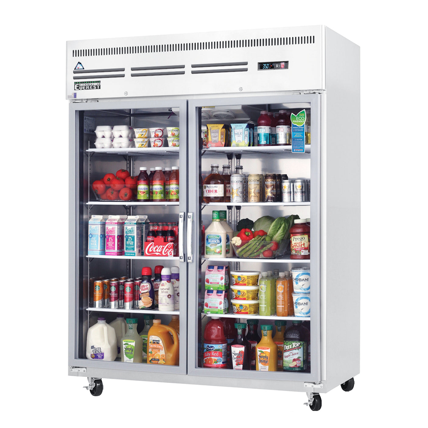 Everest ESGWR2 59" Stainless Steel 55 cu. ft Reach-In Refrigerator, 2 Glass Full Doors, Top Mount