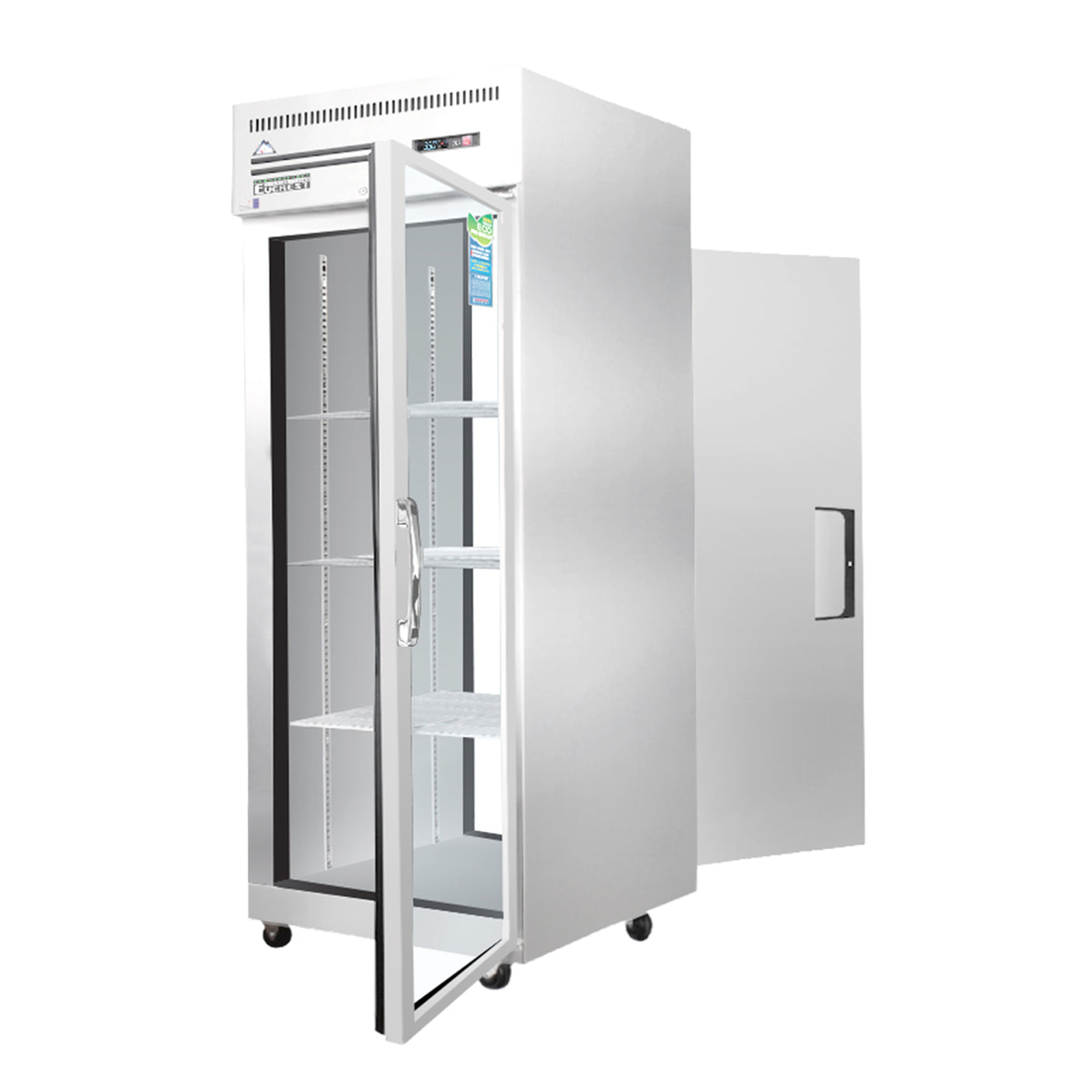 Everest ESPT-1G-1S 29 1/4" Stainless Steel Reach-In Refrigerator, Swing Solid & Glass Combo, Pass Thru Design, Top Mount