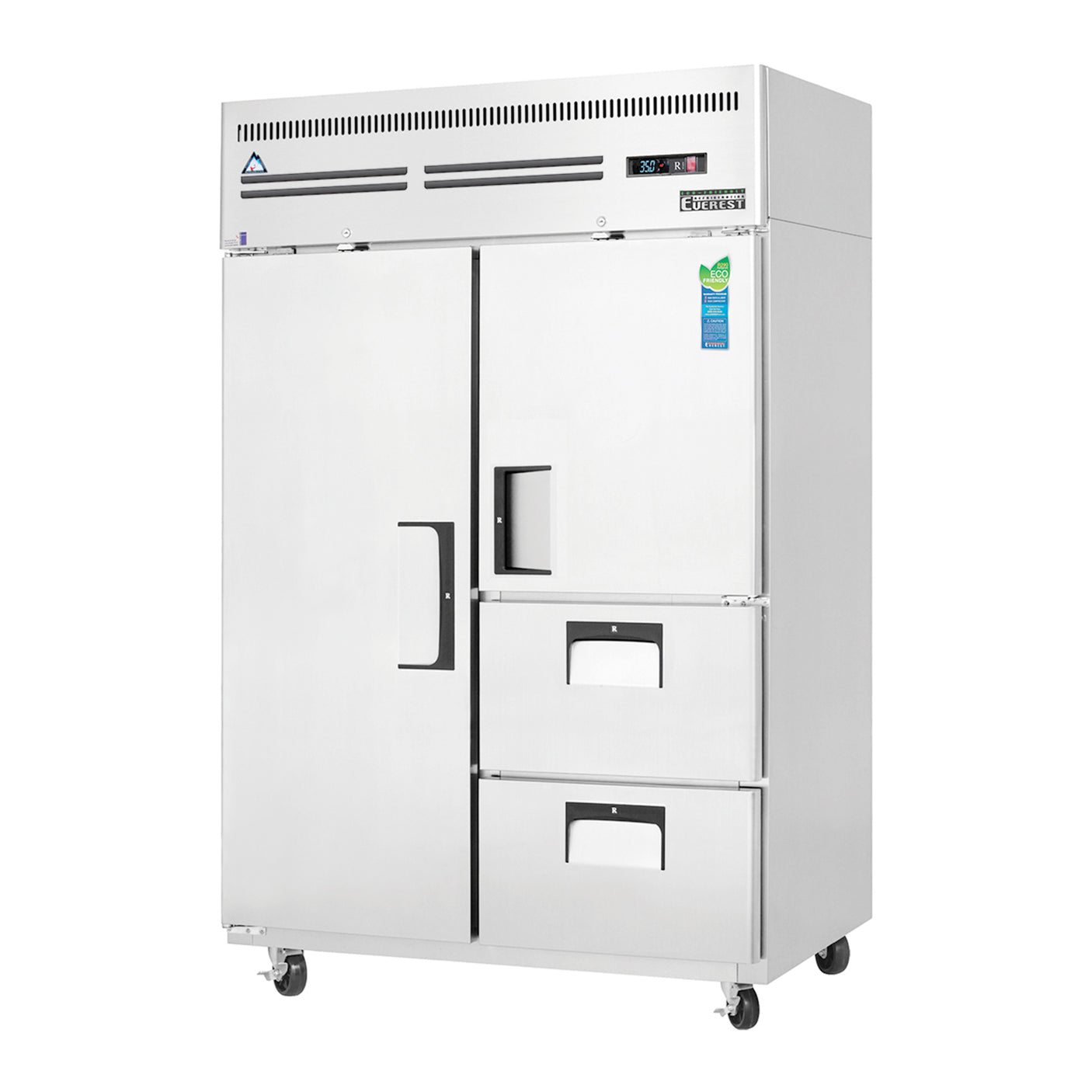 Everest ESR2D2 49 5/8" Stainless Steel Reach-In Refrigerator, 1 Full / 1 Solid Half Door / 2 Drawers, Top Mount