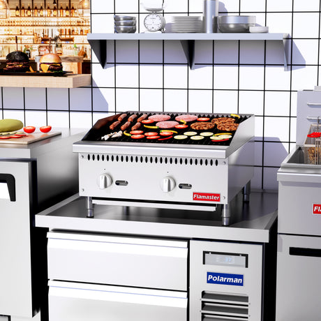 Flamaster FLM-CB24-M 24" Countertop Gas Charbroiler, NG/LPG, 70,000 BTU, 2 Burners