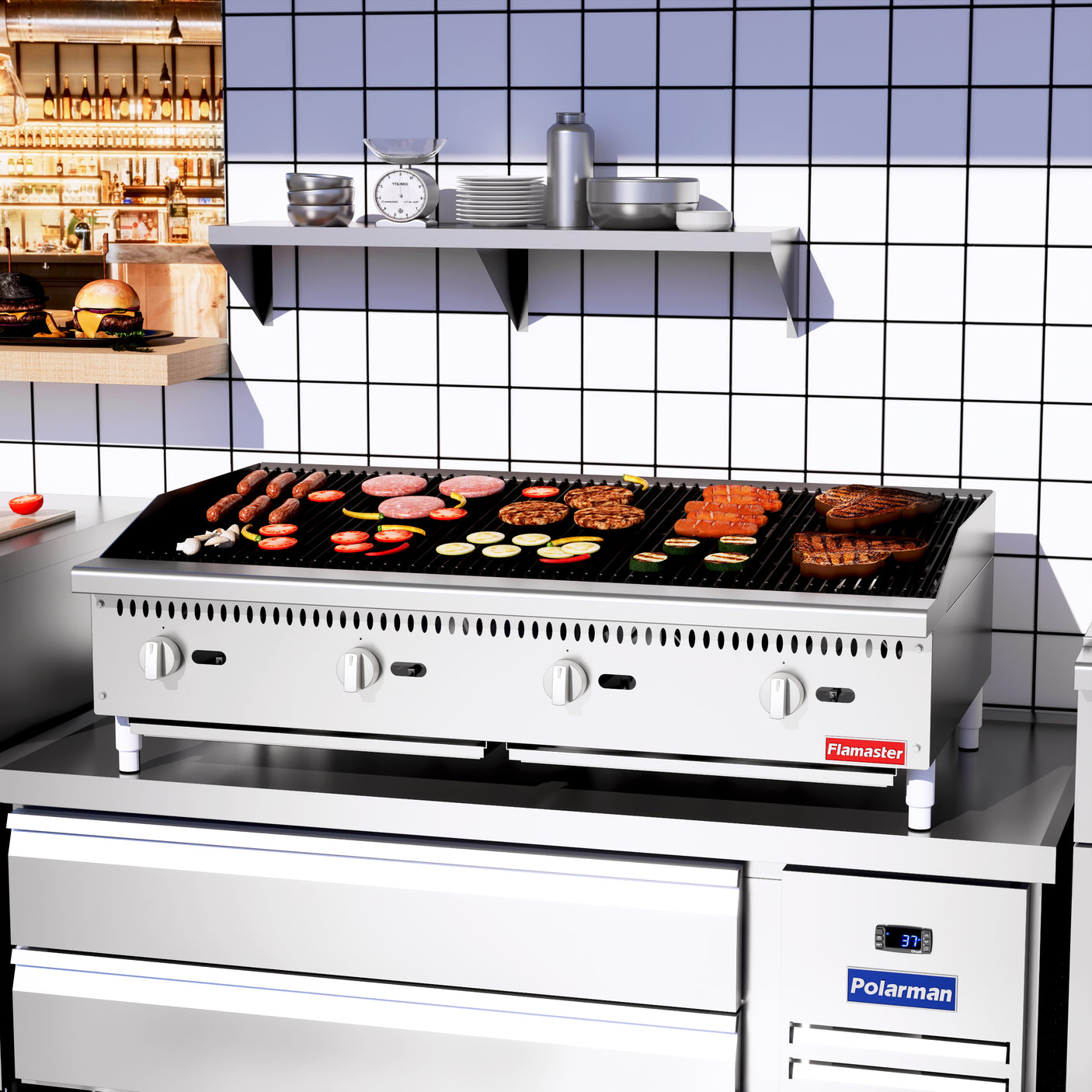 Flamaster FLM-CB48-M 48" Countertop Gas Charbroiler, NG/LPG, 140,000 BTU, 4 Burners