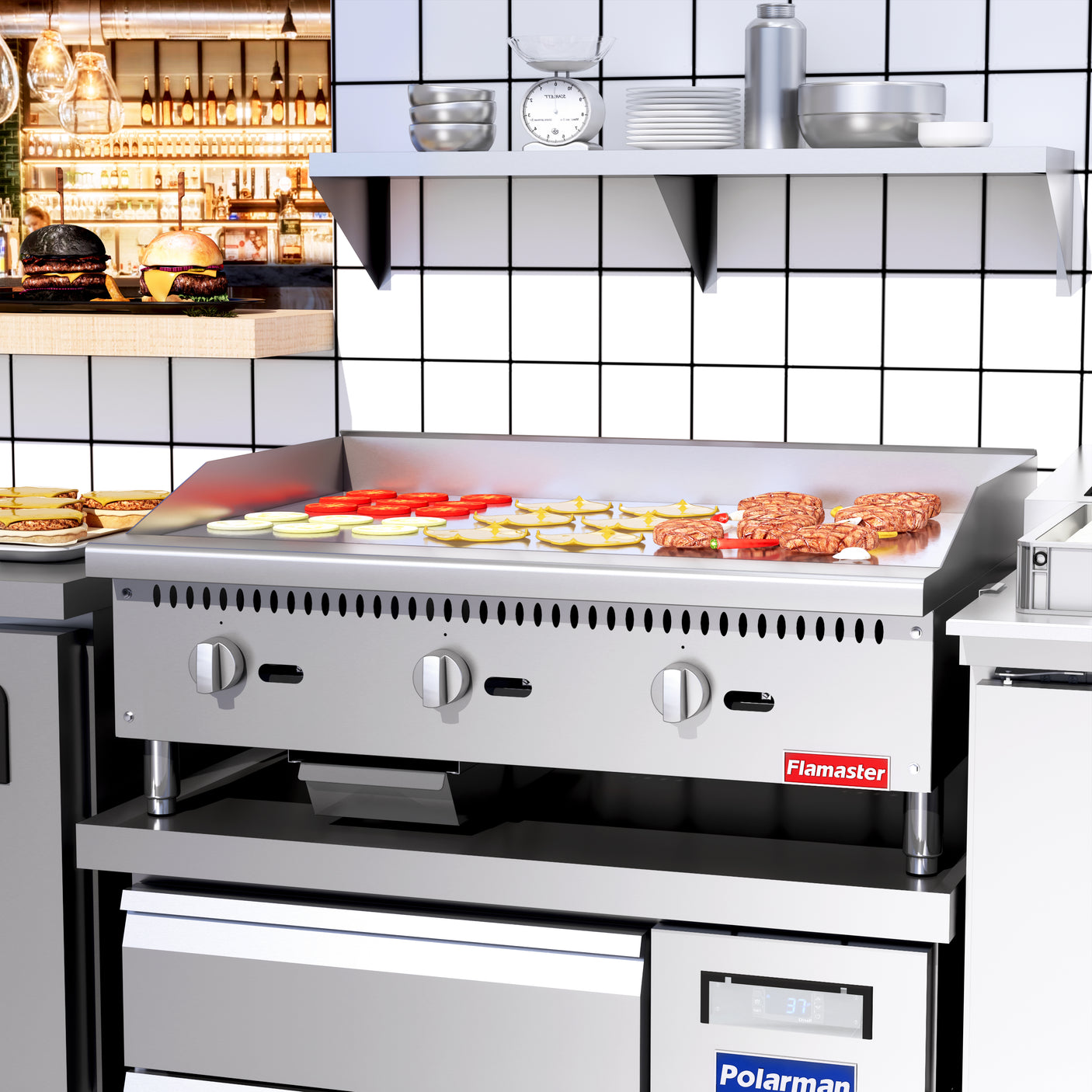 Flamaster FLM-G36-M 36" Countertop Griddle with Manual Control, NG/LPG, 90,000 BTU, 3 Burners