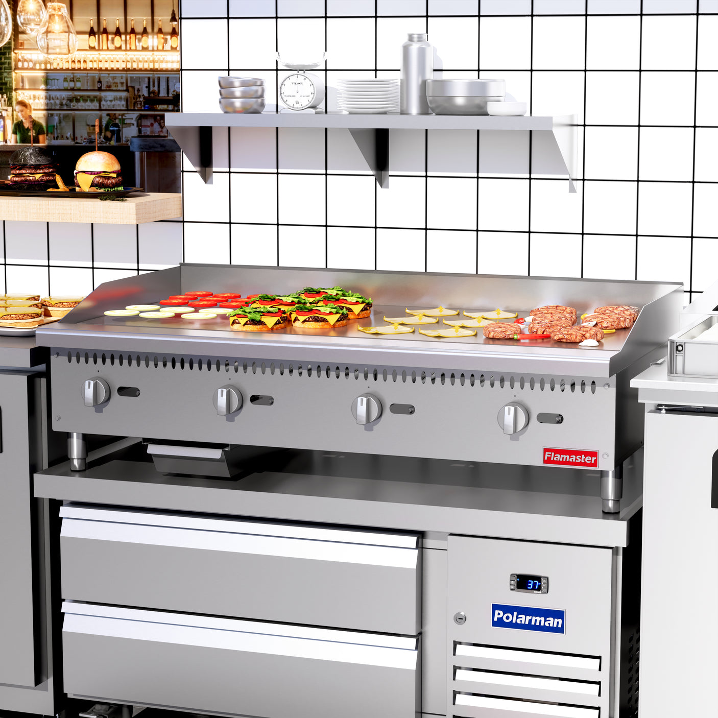Flamaster FLM-G48-M 48" Countertop Griddle with Manual Control, NG/LPG, 120,000 BTU, 4 Burners