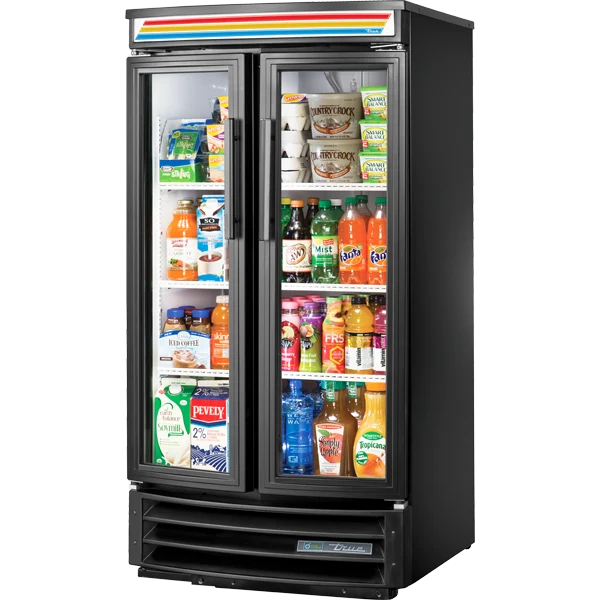 True GDM-14RF-HC-LD Black Radius Front Refrigerated Glass Door Merchandiser