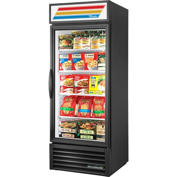 True GDM-26F-FLX-HC~TSL01 Black Flex Temp Glass Door Merchandiser Freezer