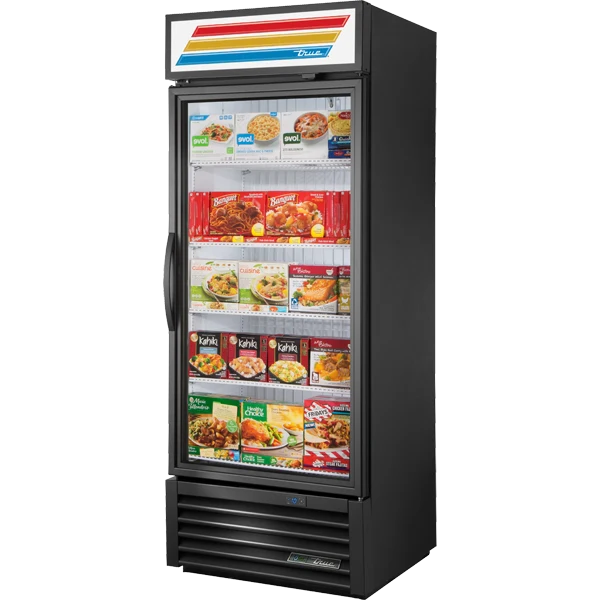 True GDM-26F-HST-HC~TSL01 Black Glass Door Merchandiser Freezer with Health Safety Timer