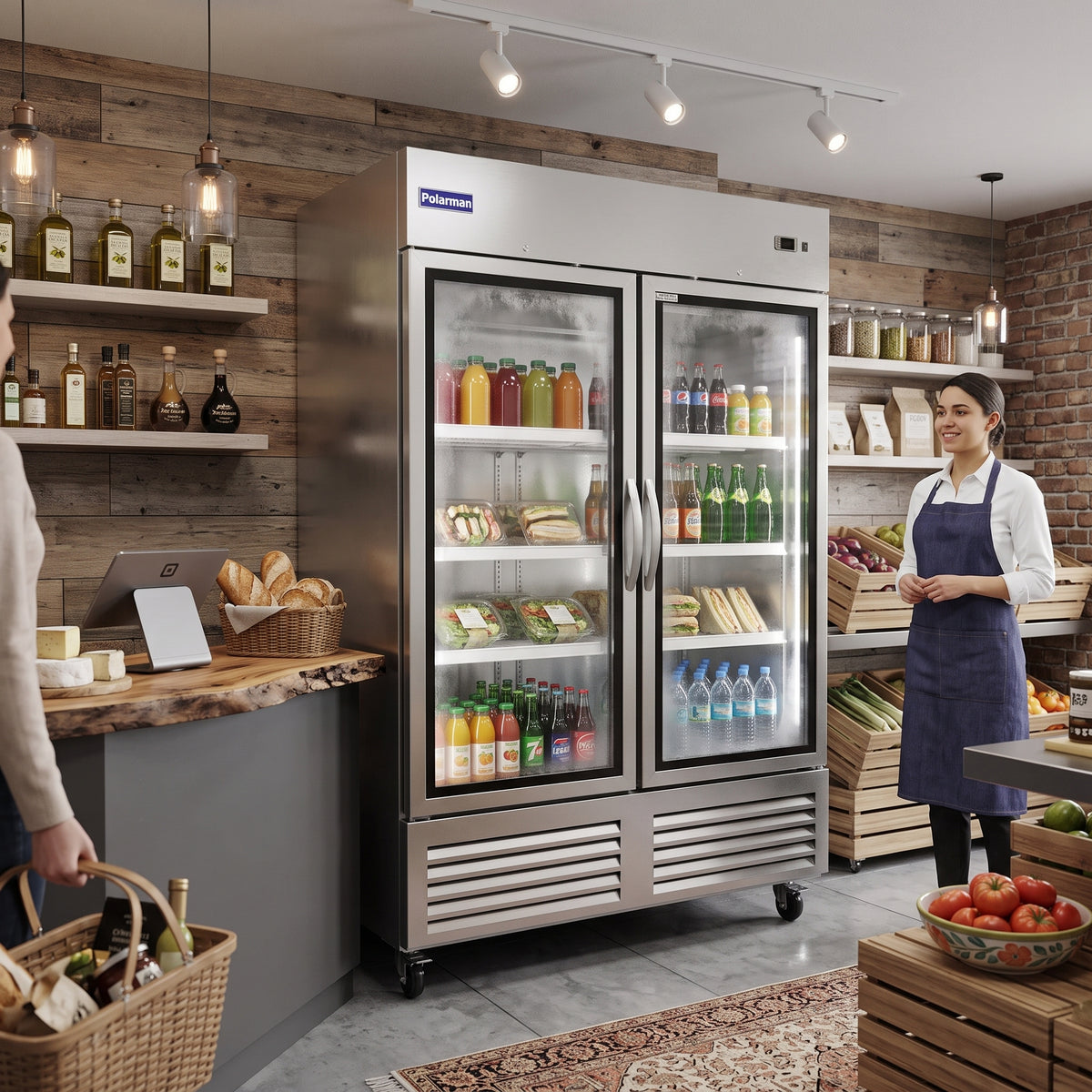 Polarman PLM-54RGS 53 15/16" Reach-In Refrigerator with Double Glass Doors with LED Lighting, Bottom Mount, Stainless Steel, 49 cu. ft.