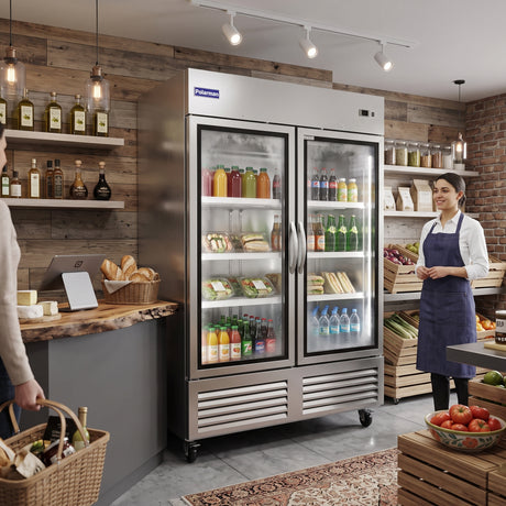 Polarman PLM-54RGS 53 15/16" Reach-In Refrigerator with Double Glass Doors with LED Lighting, Bottom Mount, Stainless Steel, 49 cu. ft.