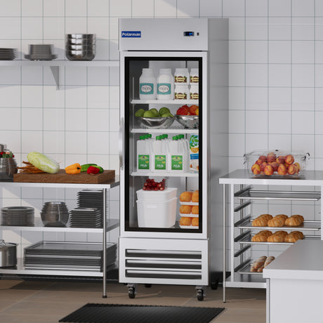 Polarman PLM-27RGS 26 3/4" Reach-In Refrigerator with Single Glass Door with LED Lighting, Bottom Mount, Stainless Steel, 23 cu. ft.
