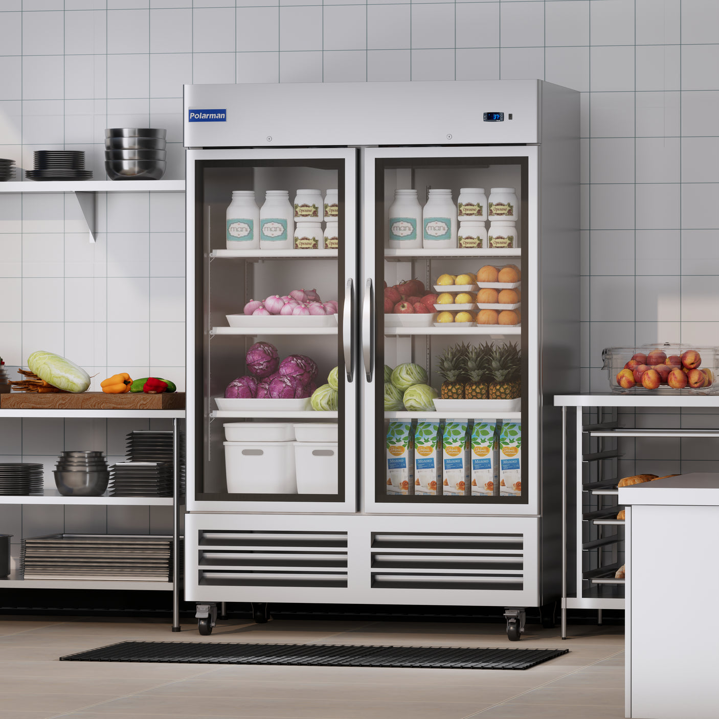 Polarman PLM-54RGS 53 15/16" Reach-In Refrigerator with Double Glass Doors with LED Lighting, Bottom Mount, Stainless Steel, 49 cu. ft.
