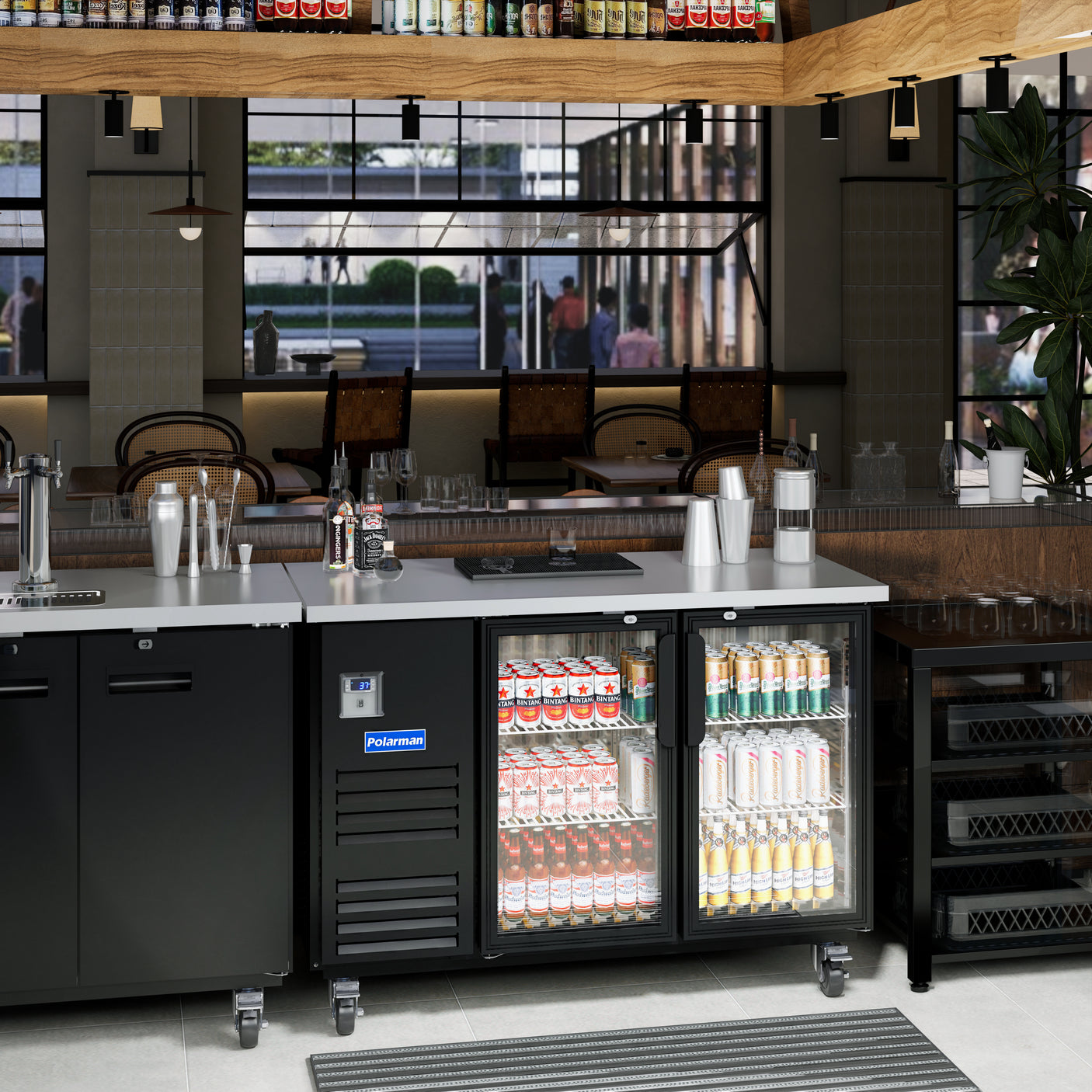 Polarman PLM-BC-2G 58 3/4" Black Glass Door Back Bar Refrigerator with LED Lighting