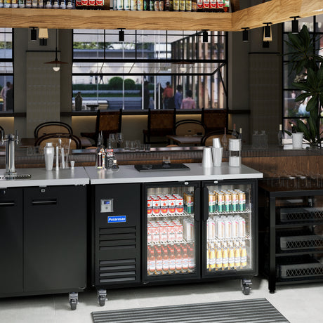 Polarman PLM-BC-2G 58 3/4" Black Glass Door Back Bar Refrigerator with LED Lighting