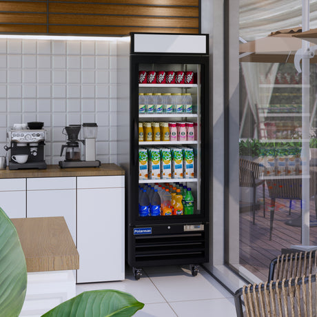 Polarman PLM-HGD23F 26 3/4" Black Single Swing Glass Door Merchandiser Freezer with LED Lighting, 23 cu.ft