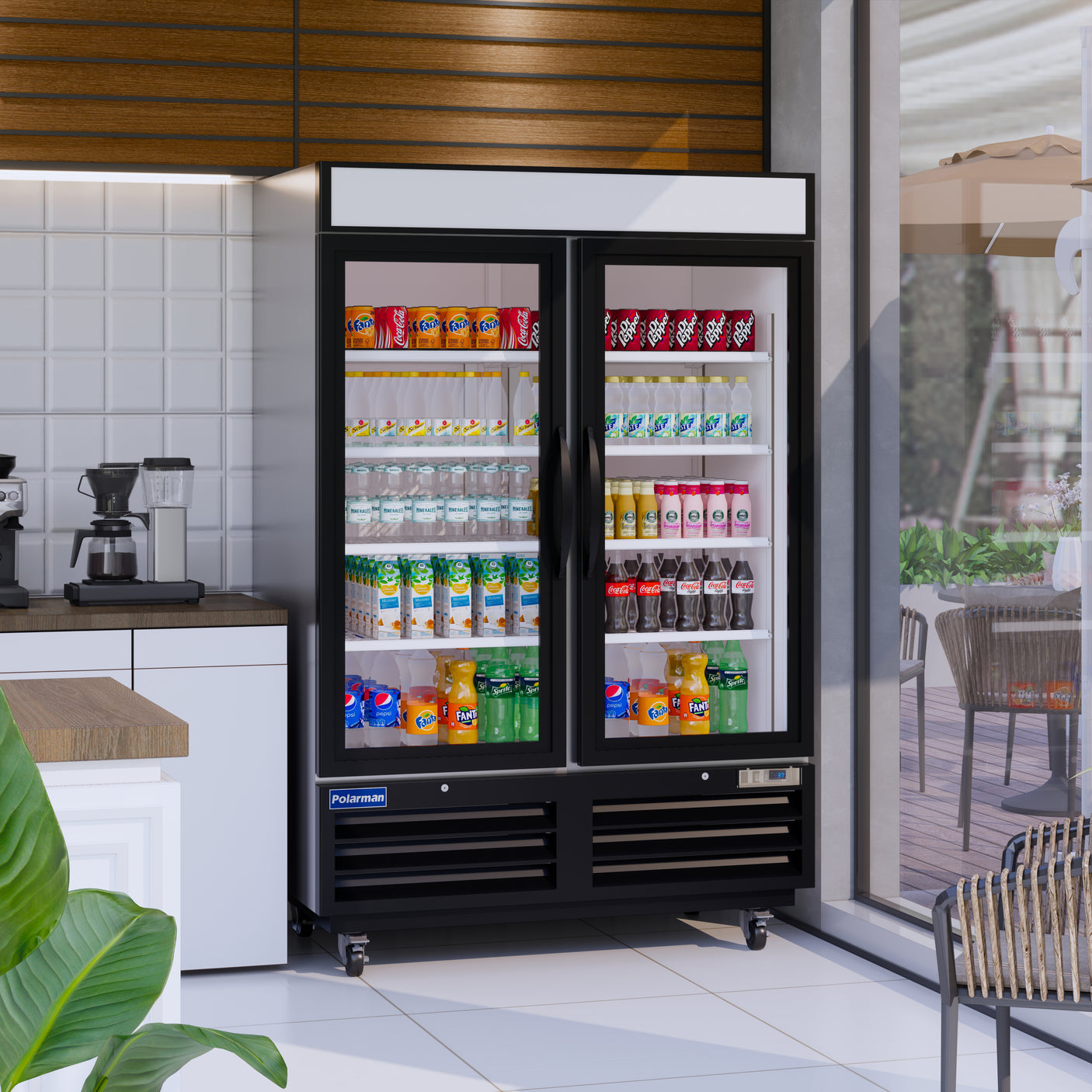 Polarman PLM-HGD48R 53 15/16" Black Refrigerated Double Swing Glass Door Merchandiser with LED Lighting, 48 cu.ft