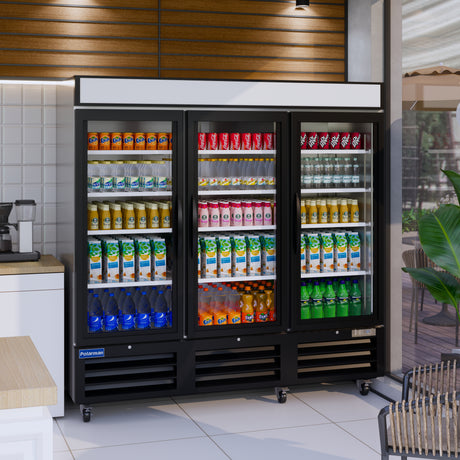Polarman PLM-HGD72R 81" Black Refrigerated Triple Swing Glass Door Merchandiser with LED Lighting, 72 cu.ft