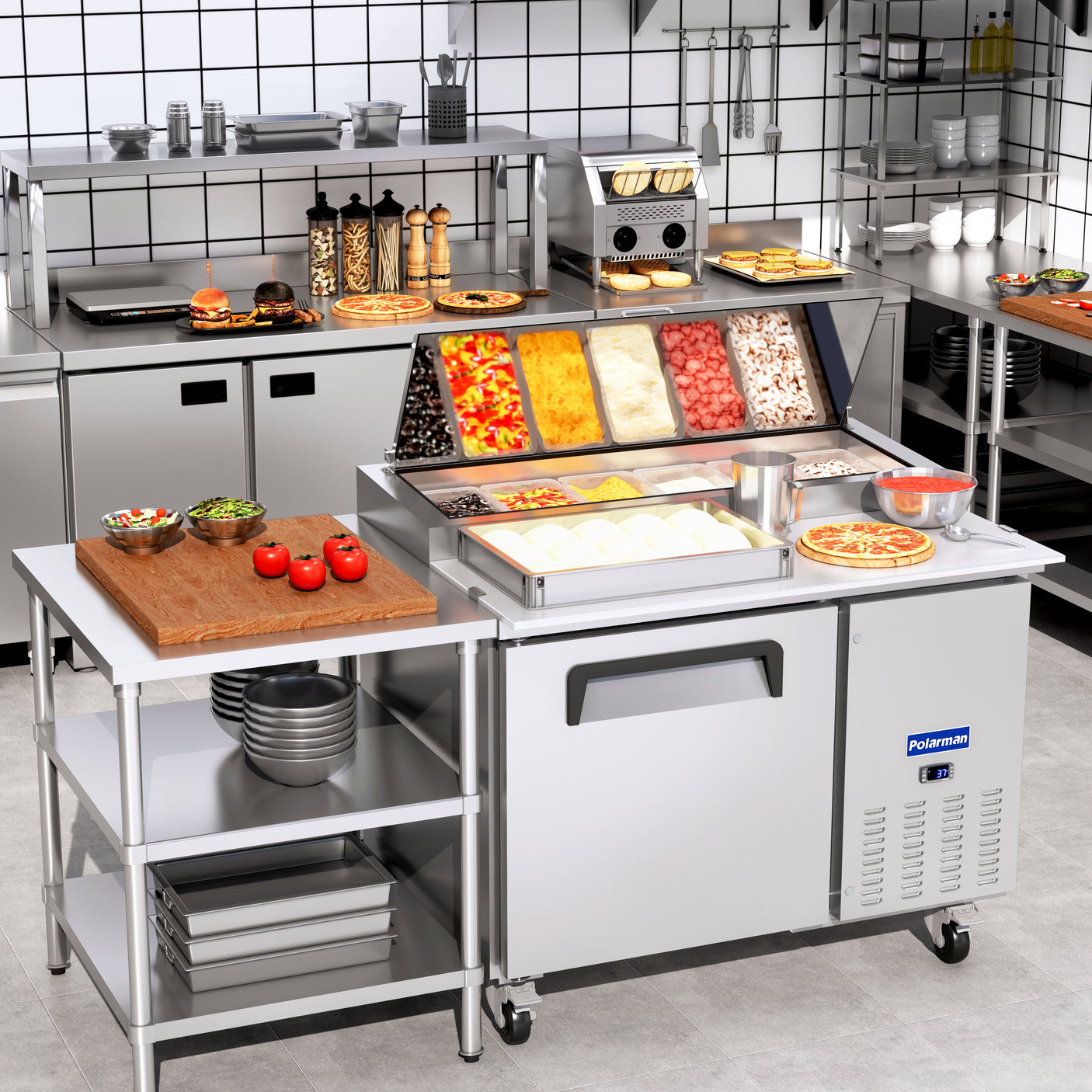 Polarman PLM-P44S 47 3/8" Refrigerated Pizza Prep Table with One Solid Full Door, (6) 1/3 Size Pans
