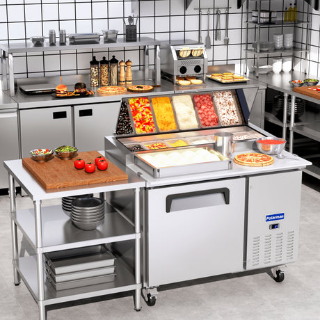 Polarman PLM-P44S 47 3/8" Refrigerated Pizza Prep Table with One Solid Full Door, (6) 1/3 Size Pans