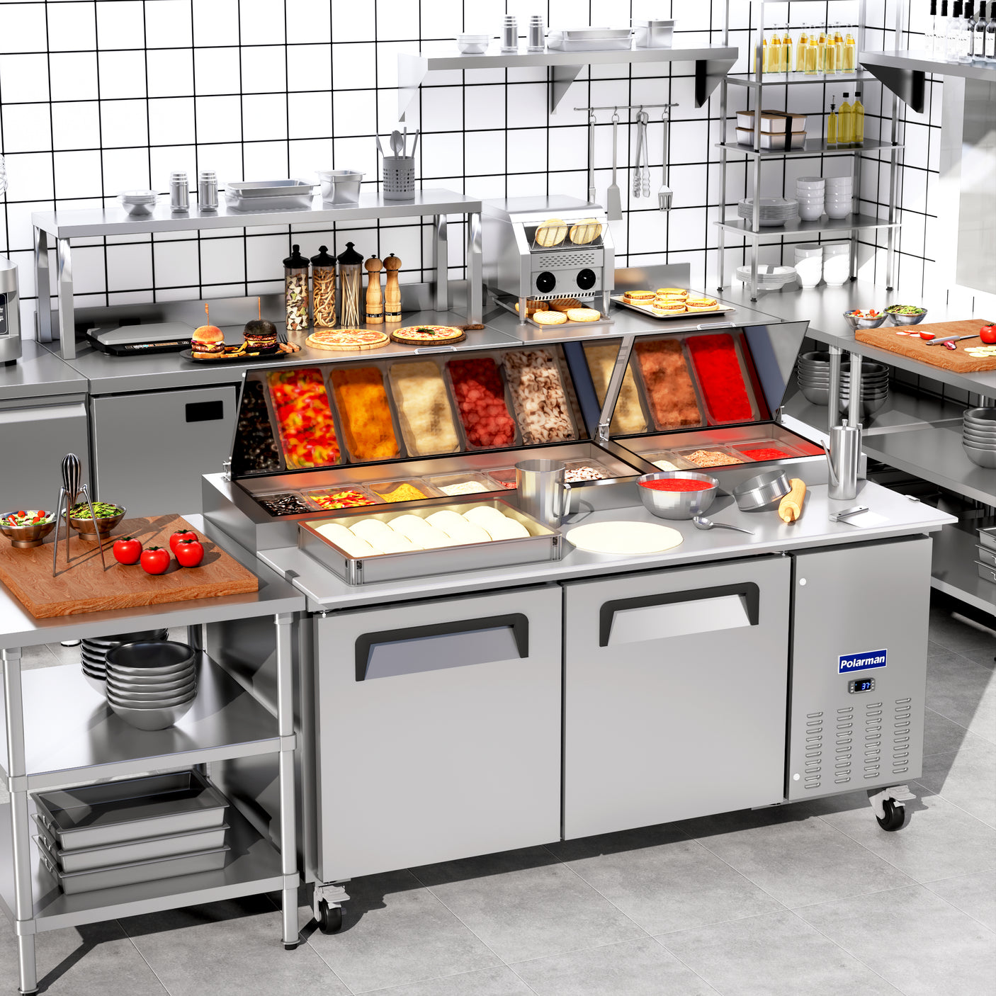 Polarman PLM-P67S 70 3/4" Refrigerated Pizza Prep Table with Two Solid Full Doors, (9) 1/3 Size Pans
