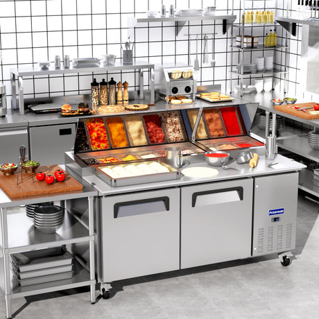 Polarman PLM-P67S 70 3/4" Refrigerated Pizza Prep Table with Two Solid Full Doors, (9) 1/3 Size Pans