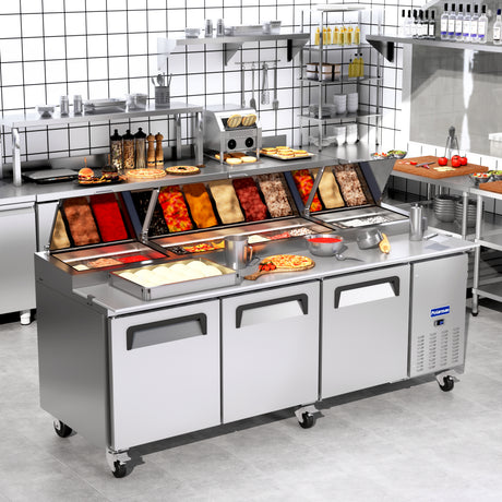 Polarman PLM-P93S 94 3/16" Refrigerated Pizza Prep Table with Three Solid Full Doors, (12) 1/3 Size Pans